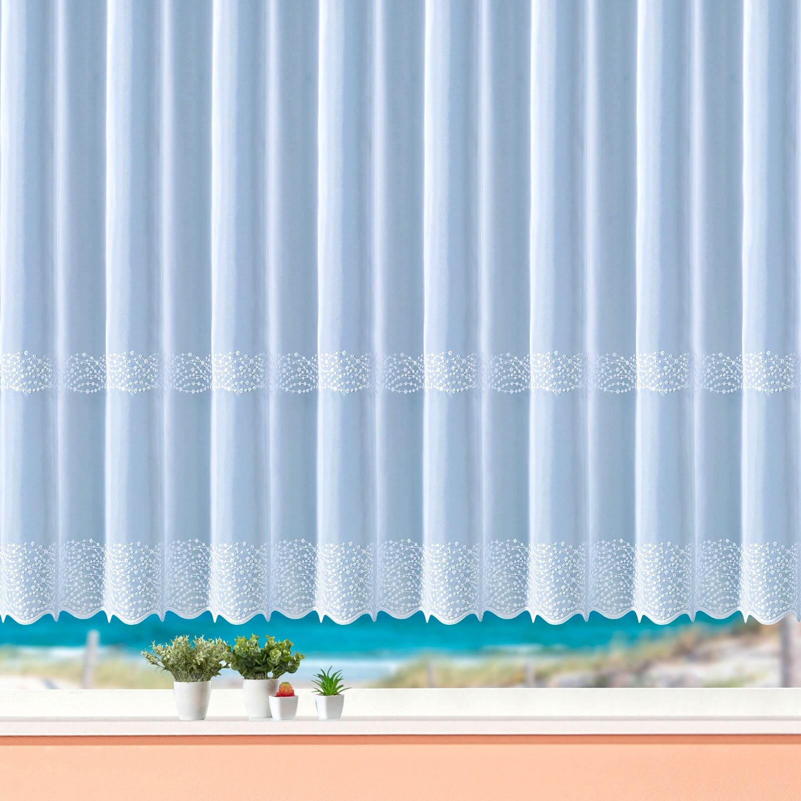 Gardine WECKBRODT "Duisburg, 1 Stück, transparent, echte Stickerei" Gr. 9, weiss (weiß), B:600cm H:245cm, Voile, Polyester, Gardinen, Gardine, echte Stickerei, Voile, transparent, Bordüre, Kante, gebogt, Store weiß 245cm, Kräuselband, 600cm