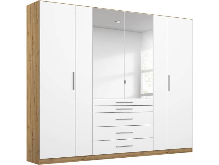 Kleiderschrank RAUCH Schrank Drehtürenschrank Ankleide Garderobe Schlafzimmer WEINGARTEN , weiß (eichefarben artisan, weiß), B:225cm H:210cm T:54cm, Holzwerkstoff, Schränke, Kleiderschrank, mit Spiegel, oberste Schublade mit Einteilung MADE IN GERMANY