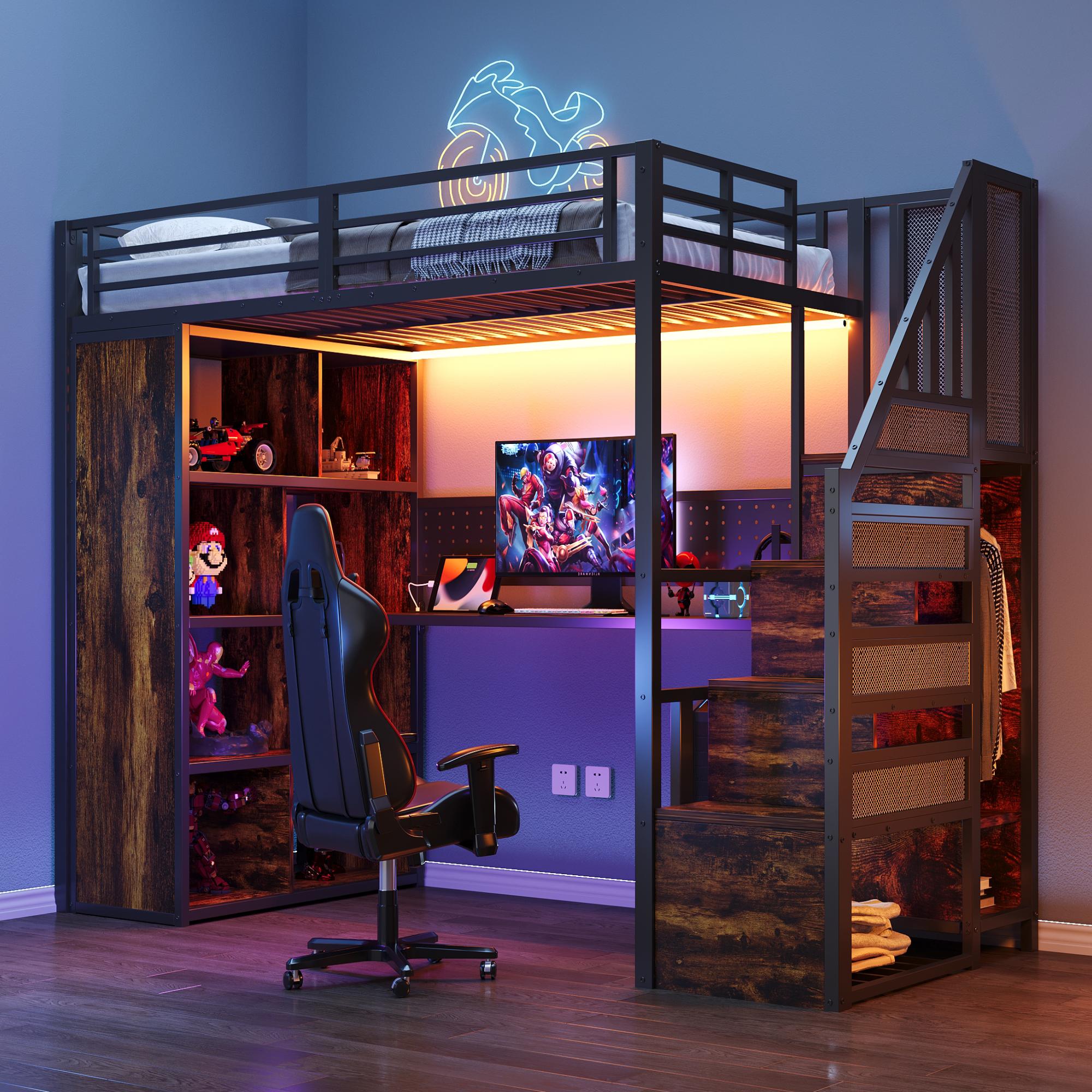 Merax Metall-Etagenbett 90x200cm mit Kleiderschrank, Hochbett mit Stauraumtreppe, Schreibtisch mit EU-Steckdosen, Lochblech & LED-Lichtleiste, Schwarz