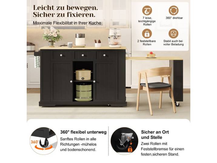BEL Îlot Cuisine Mobile 138-213x55x93cm Table Extensible 7 Roulettes Étagères Réglables