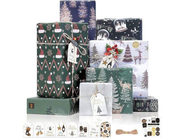 Geschenkpapier Set Weihnachten 8 Blatt 70x50cm Mattes Kraftpapier mit Anhängern und Aufklebern, Mehrfarbig, Papier, 50x50x70.1 cm, Dekoration, Geschenkartikel, Geschenkbänder & Geschenkpapier