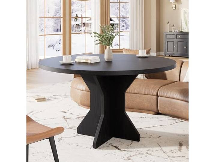 Niwugady Runder Esstisch für 4–6 Personen, Modernes Massivholz-Design Esszimmertisch mit Stabiler Mittelsäule, Küchentisch für Esszimmer, Küche oder Wohnzimmer, 120x120x75cm, Schwarz