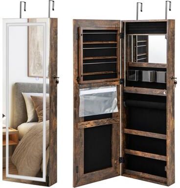 Costway 42.5 Inches Lockable Jewelry Mirror Wall Cabinet with 3-Color LED Lights-Rustic Brown