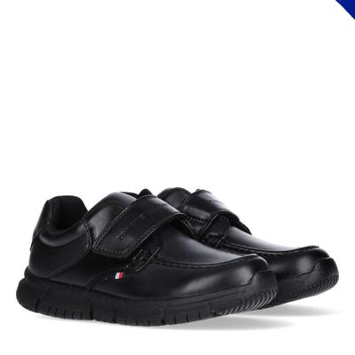 Klettschuh TOMMY HILFIGER "WMS = weit, für kräftige Füße", Kinder, Gr. 38, schwarz, Lederimitat, festlich, Schuhe Klettschuh, festlicher Sneaker, Halbschuh mit Logoprägung auf dem Klettriegel