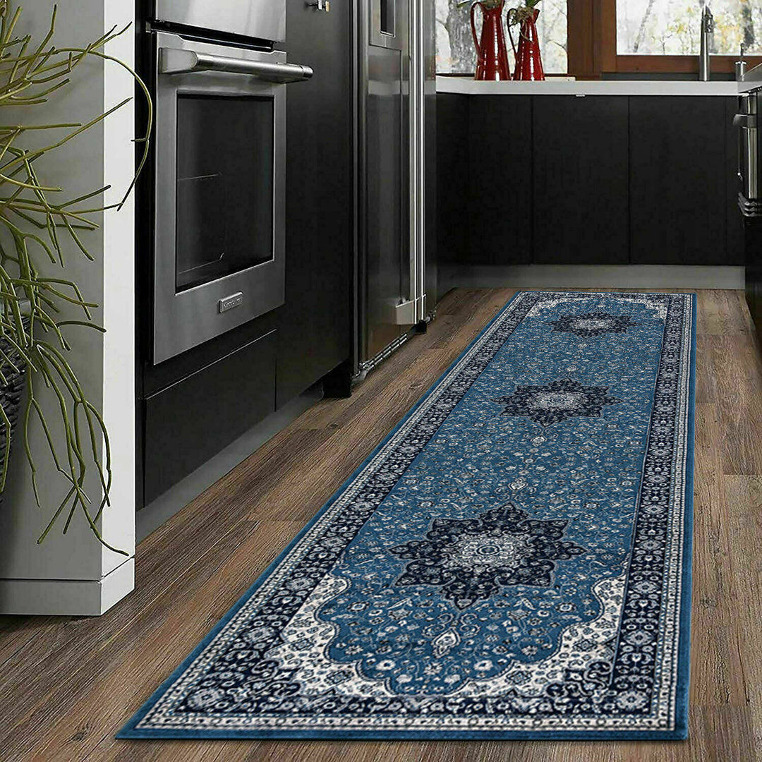 Rosalind Wheeler Okamoto Floral Area Rug Blue Runner 60 x 220cm