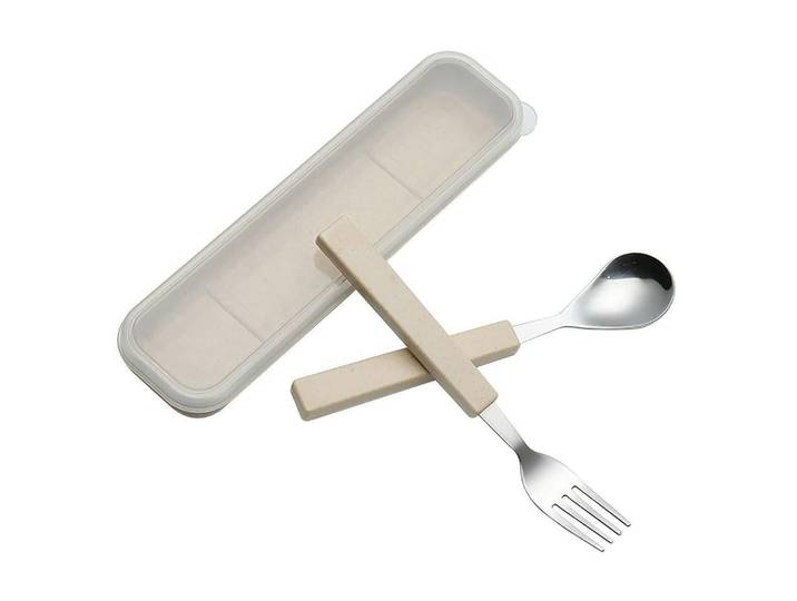 Kinderbesteck Set 2-teilig Edelstahl Creme mit Reiseetui, Metall, Füttern, Kinderbesteck