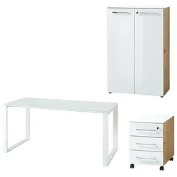 Büro-Set MUENCHEN 3-tlg   Schreibtisch, Schrank, Container   Glasfront   Chalet-Eiche-Nb./Weiß