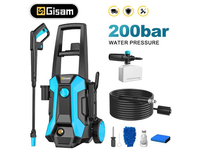 Nettoyeur haute pression électrique Gisam 200 bars 2200 W, pistolet de lavage de voiture, pistolet de lavage de jardin, pistolet de pulvérisation d'eau 180 ° Buse réglable