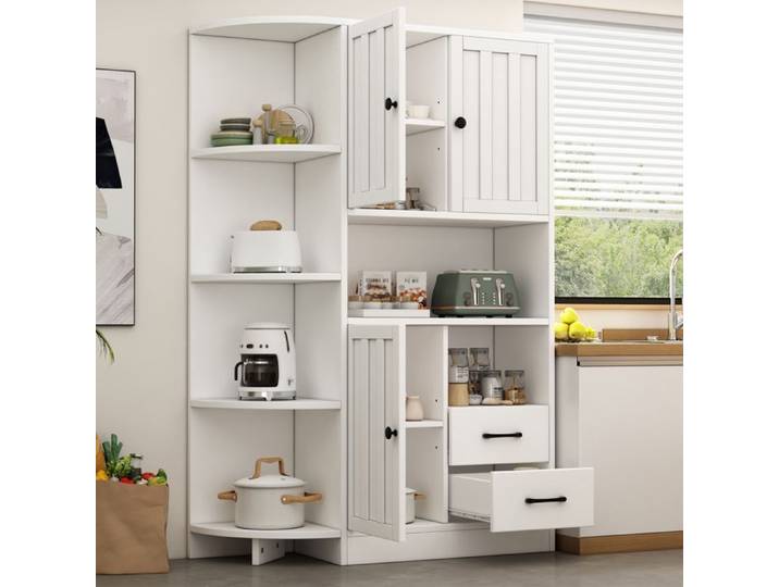 Armoire d'angle blanche 104x35x155cm vitrine salon 3 étagères 2 tiroirs 14 rangements meuble haut bibliothèque buffet