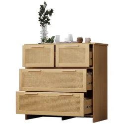 OKWISH Rattanschrank 80x38x80 Stauraumkommode mit 4 tiefen Schubladen Massivholzgriffen MDF Aufbewahrungsschrank Retro Design Wohnzimmer Flur Natur