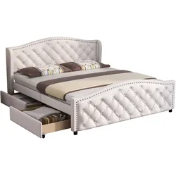 Polsterbett 160x200 cm mit Lattenrost und Stauraum – elegantes Chesterfield-Design Weiß mit praktischen Schubkästen