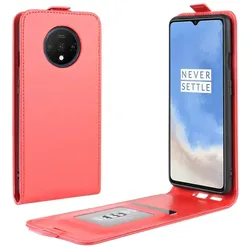 Flip Case Handyhülle für OnePlus 7T Vertikal Schutzhülle Tasche Cover Rot Bumper Smartphone Kartensteckplatz-Kreditkarte-Geldscheine EC-Karte Bank-Karte