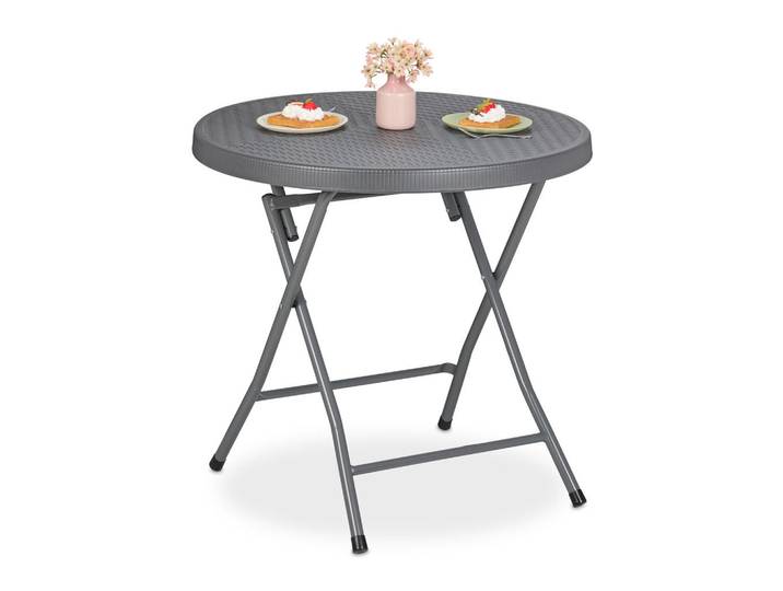 Relaxdays Gartentisch Grau klappbar Rattanoptik 74x80 cm, Kunststoff, Metall, Rund,rund, 80x74x80 cm, Gartenmöbel, Gartentische, Klapptische