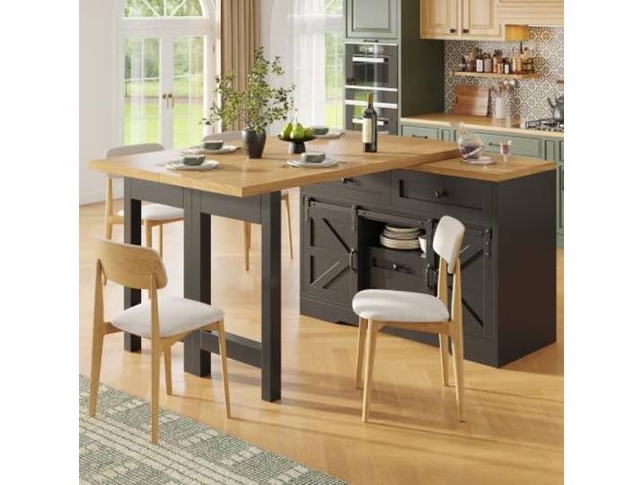 Aunvla Multifunktionale Kücheninsel mit Esstisch, Seitenschrank mit versteckten Schubladen, 360° drehbare Paneele, Scheunentor-Schranktür, Kücheninsel Esstisch 2-in-1