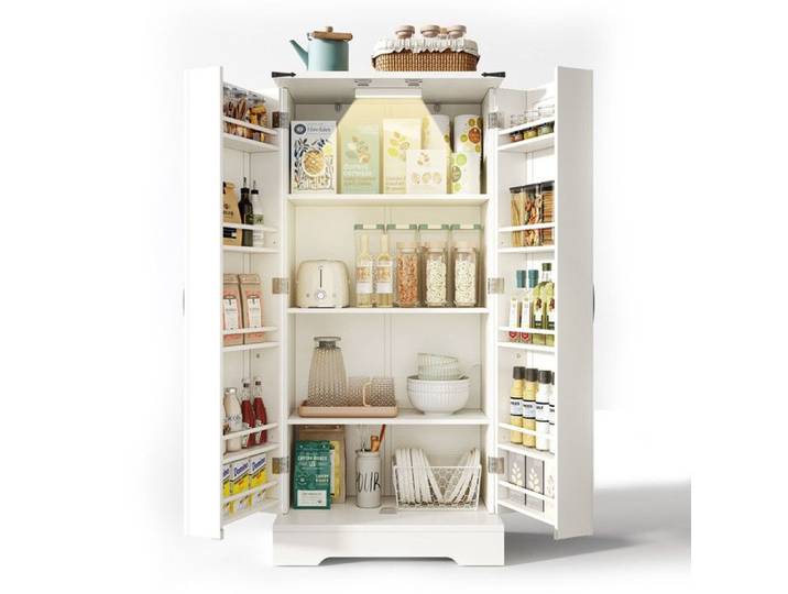 Armoire de Cuisine avec LED - Buffet de Cuisine avec 2 Portes Armoire de Rangement avec Etagères Réglables 60x35x128.5cm - Blanc