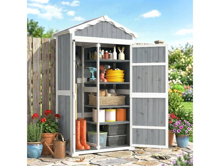 Outsunny Abri Jardin Bois 105x55x179cm 4 Étagères Toit Métal Gris