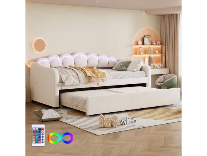 Lit 90x200 cm avec Lit Gigogne canapé-lit lumière LED Beige