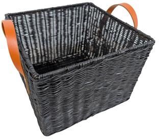 ARCILLA ELEMENTAL Black Rattan Handmade Woven Decorative and Functional Storage Basket with Brown Leather Handles
