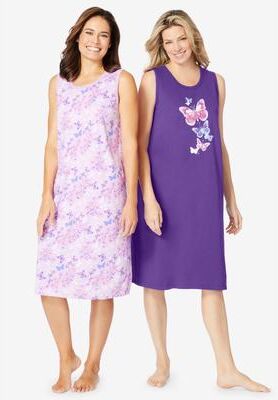 Plus Size Women's 2-Pack Sleeveless Sleepshirt by Dreams & Co. in Plum Burst Floral Butterfly (Size 14/16) Nightgown