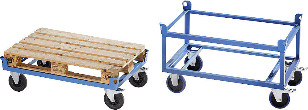 Fahrgestell aus Stahl, für Industriepaletten, Tragfähigkeit 1000 kg, Ladehöhe 650 mm, blau, ab 5 Stk eurokraft pro