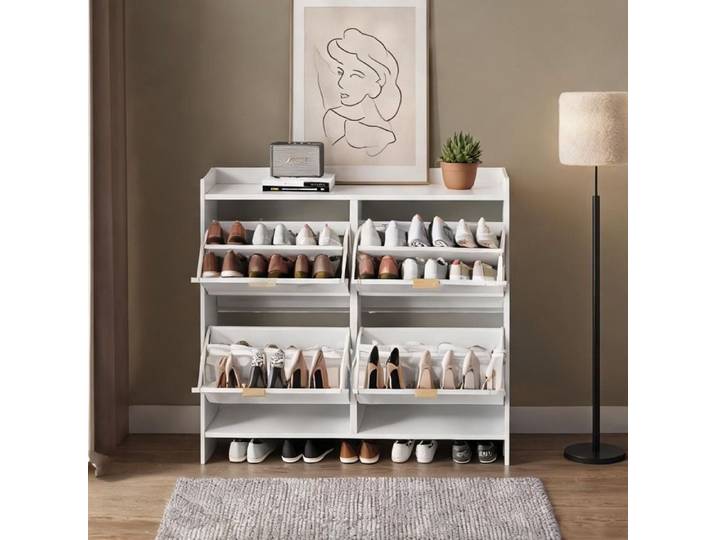 Meuble bas à chaussures blanc soft white 4 clapets et niches ouvertes 110x24x90 - White Particle Board 110 x 24 x 90 cm Ref 6G9KPH