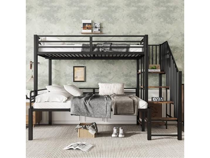 Mielvu Eisenbett, Etagenbett, Geeignet für Kinder und Jugendliche, Eckleiterschrank mit Stauraum, Eisen+MDF, Schwarz+Vintage-Holzfarbe, 90x200cm&120x200cm