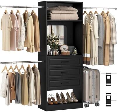 Rackcog "New Style 48""-96"" Wide Closet System with Mirror, Sturdy Walk-in Closet Organizer with Drawers and 3 Extendable Hanging Rods"