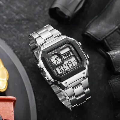 Fashion Sheath Retro Men's Vintage Digital Watch Luxury Stainless Steel Sport Wristwatch silver