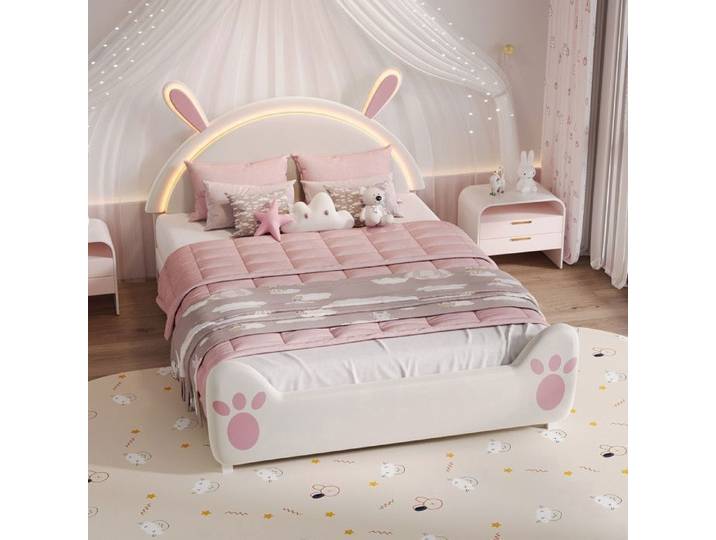 Lit 140x200cm - Lit Enfant 140x200cm avec Lumière LED RVB - Design Lapin Mignon - Sans matelas - Rose