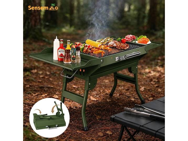 Barbecue pliable portable, modèle vert, mini-barbecue à charbon de bois en forme de valise avec poignée de transport, étagère latérale et grille en métal, idéal pour le camping, les pique-niques, la
