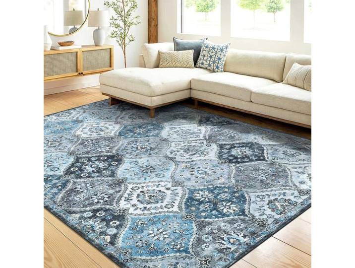 Tapis vintage poils bas pliable lavable antidérapant grand tapis salon bureau enfant gris bleu 160×230cm
