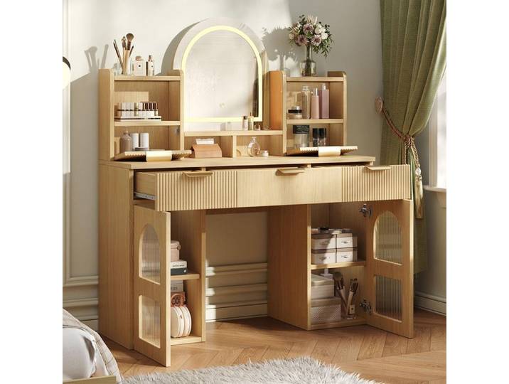 Coiffeuse - Grande coiffeuse - Éclairage LED réglable - 3 tiroirs - 2 vitrines en verre