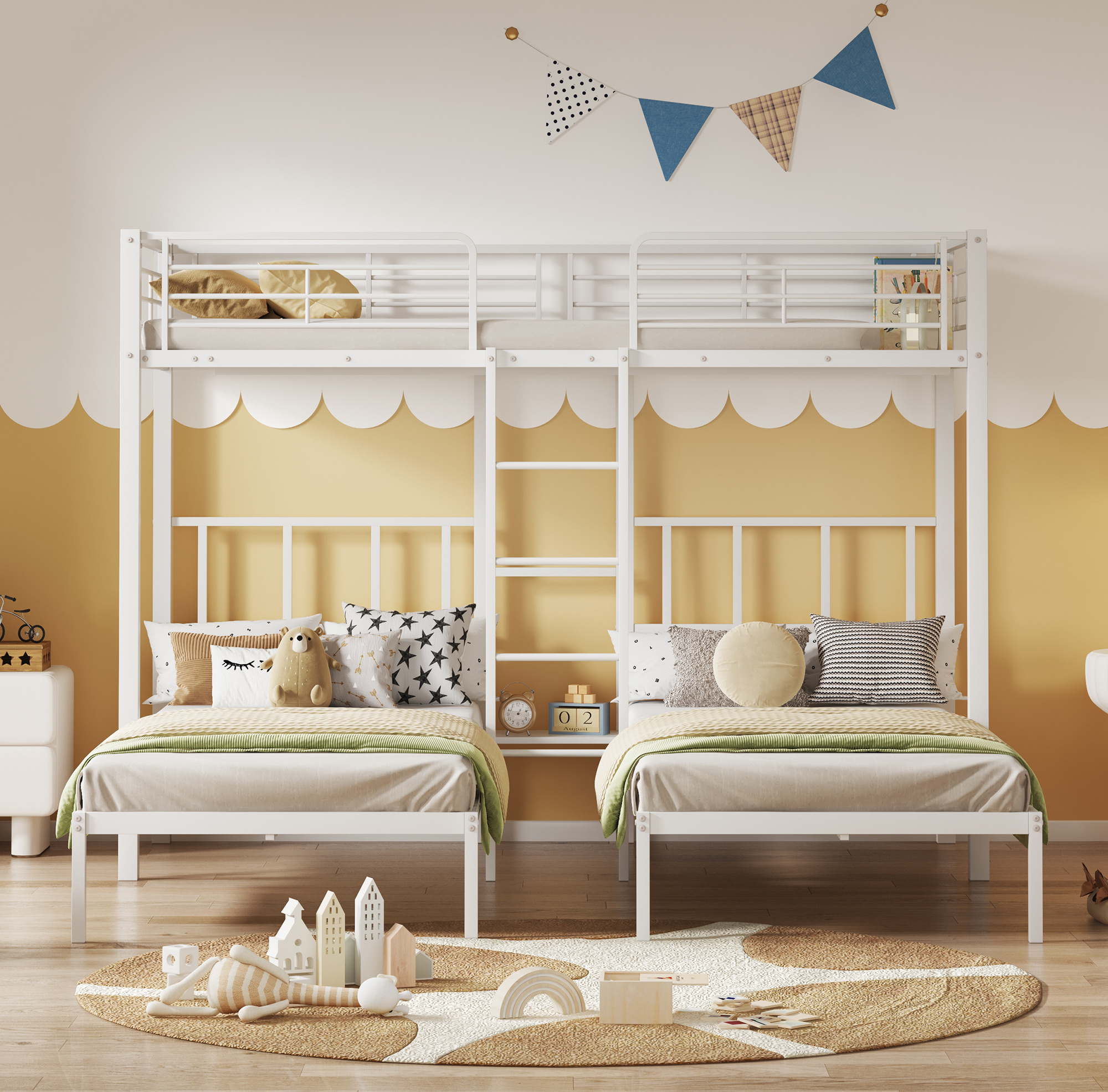 Sicher & komfortabel: 3-Bett-Etagenbett mit Leiter, Schutzgitter & Tisch, 90x200cm, Weiß