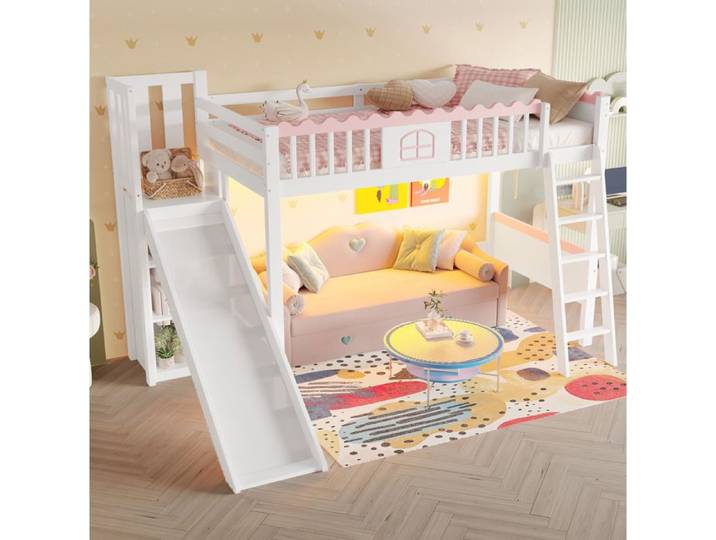 ULEVR Lit mezzanine enfant 90 x 200 cm avec toboggan LED rangements pin et MDF blanc
