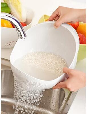 Multisell Products Hub Multifunctional Colander Rice Bowl Drain Basket With Handle Kitchen Organizer For Fruits, Vegetables & Grains white