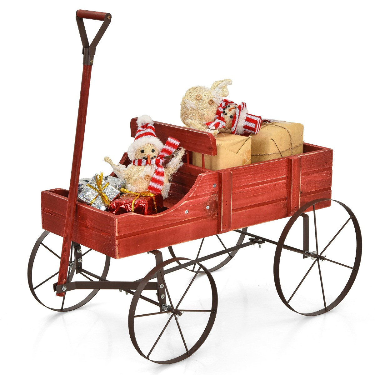 Costway Houten Bolderkar Plantenbak met Wielen en 2 Secties Rood