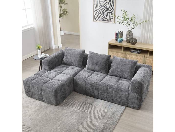 DRIPEX Canapé d'angle Sectionnel en Chenille Moderne Canapé 3 places en forme de L avec 3 coussins poche latérale Gris