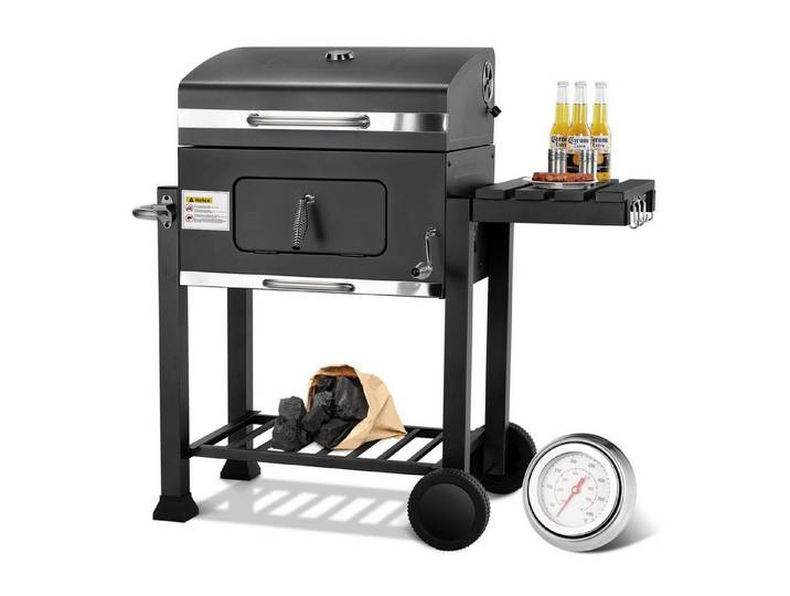 TLGREEN Holzkohlegrill Grillwagen XXL, mit Rädern & Thermometer, Hochwertiger Grillwagen für Garten Camping Picknick, Smoker Grill mit Deckel, Höhenverstellbarer Grillrost, Klappbarem Lagerregal und Flaschenöffner, Rostbeständig BBQ Grill