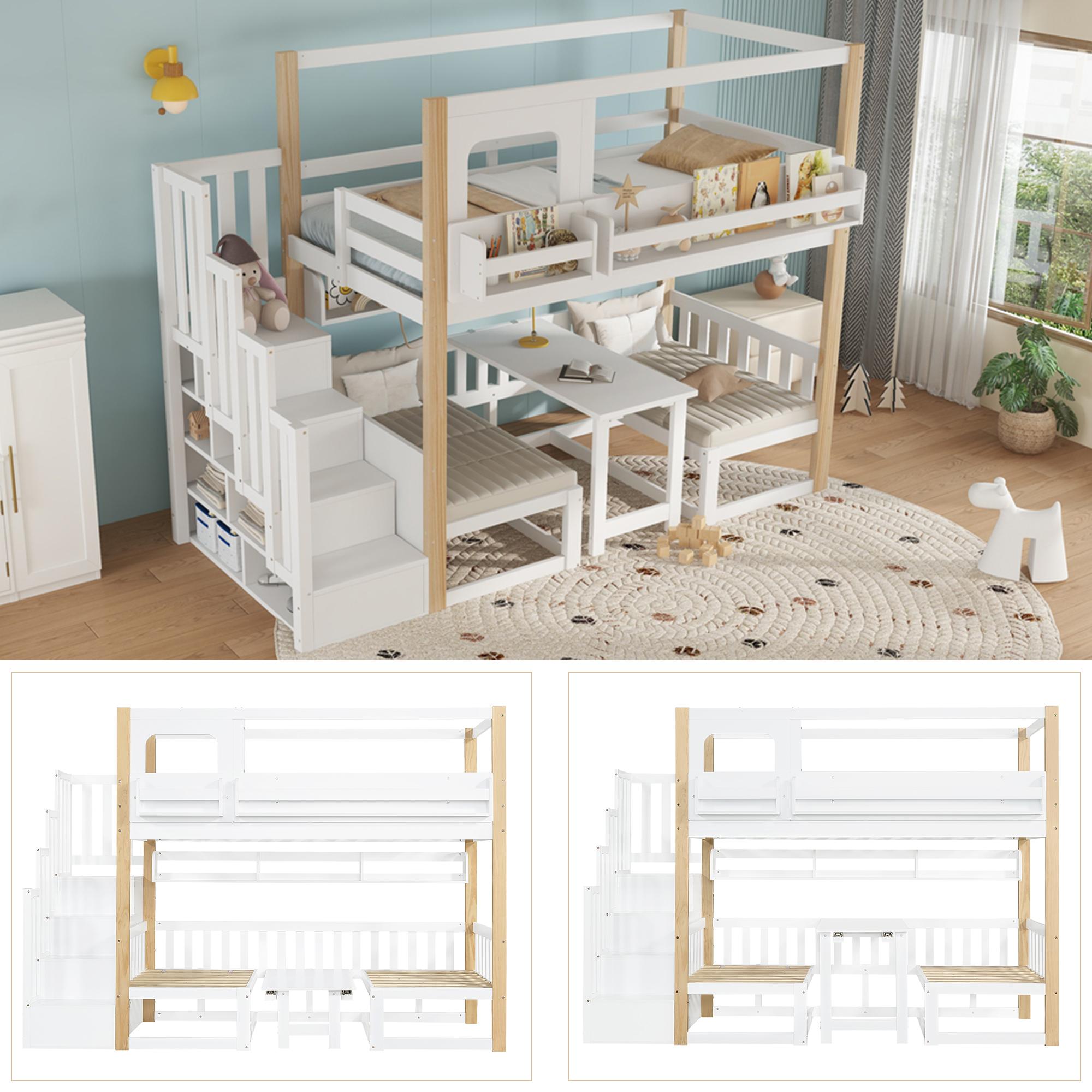 Zerbaco Etagenbett 90x200 cm, Einzelbett mit multifunktionalem höhenverstellbarem Tisch, kleinem Bücherregal, stabiler Aufbewahrungstreppe, Kiefer mit MDF, Weiß und Natur