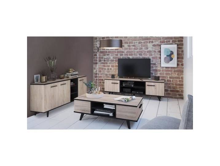 Ensemble meuble TV table basse buffet WAYNE - Mélaminé - Style scandinave - Chêne brossé et noir