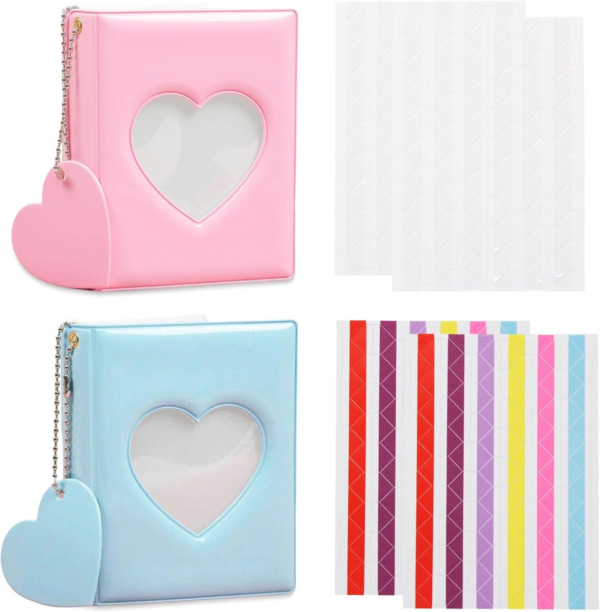 SnelShoppen Photo Card Folder Set - 2 Stuks Kpop Foto Album met 40 Compartimenten en 2 Sticker Vellen - Hartvormige Mini Fotoverzameling met Hanghaakje