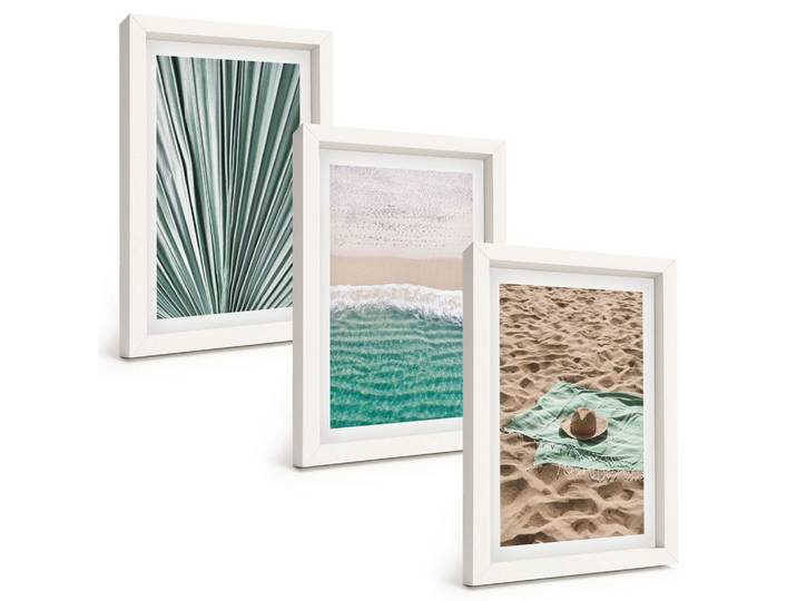 BILDER SET 3er Set - 20x30 cm Weißer Rahmen - Urlaubsblick Strand Meer
