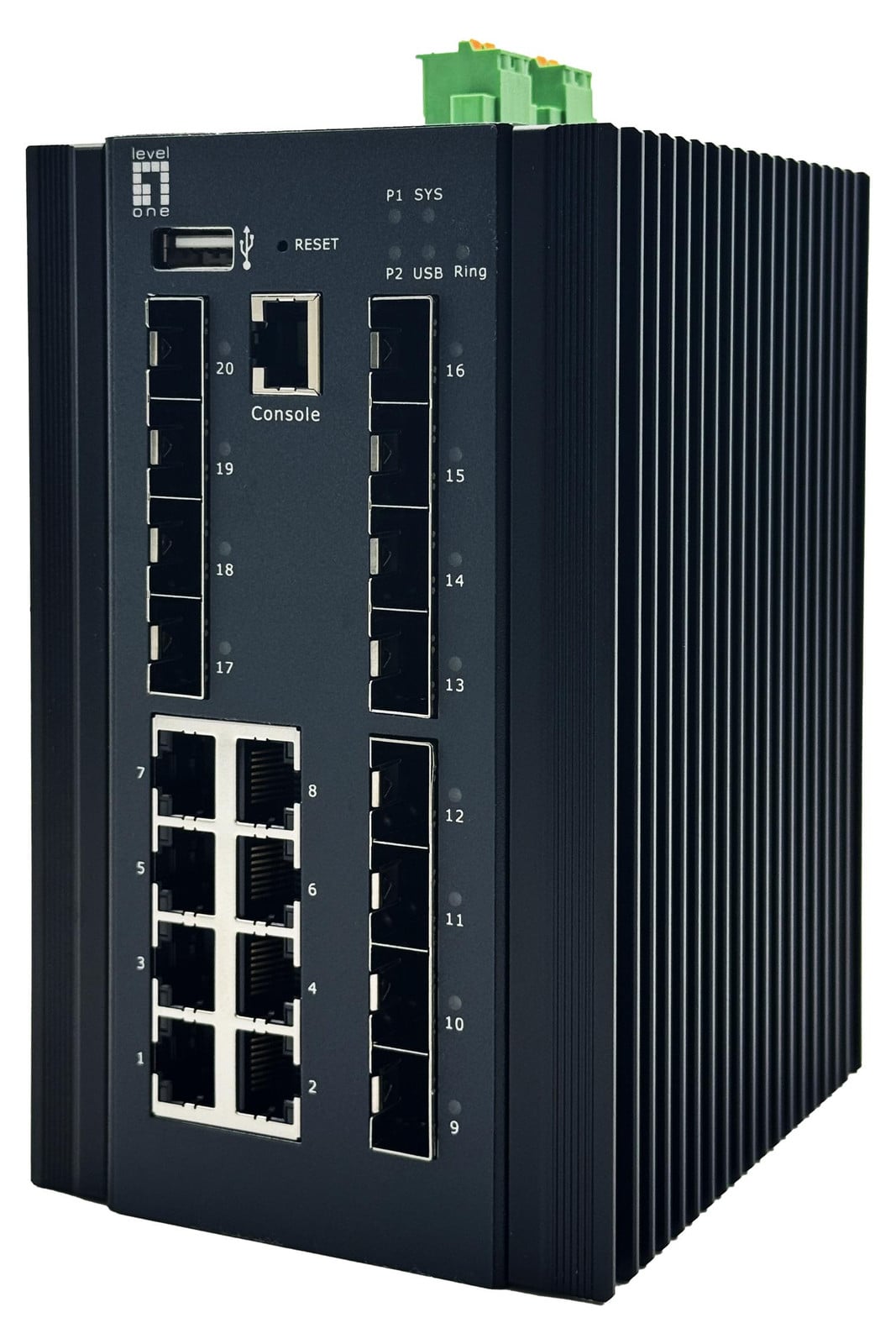 Level One IGX-2072 Switch met 20 Gigabit Ethernet poorten, inclusief 8x 1 Gigabit Ethernet en 8x 2.5 Gigabit Ethernet SFP+ poorten