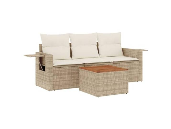 KTHLBRH Gartenmöbel-Set 4-teilig mit Kissen in Beige aus Polyrattan Modulares Design, Tischplatte aus Akazienholz, Aufbewahrungsfach, wasserabweisendes Gehäuse, Klapptische