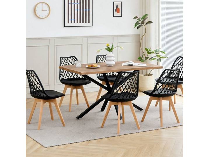 Ensemble Table et Chaises à Manger -HJhomeheart - Table MDF Couleur noyer 140cm - avec 6 Chaises Scandinaves Noir