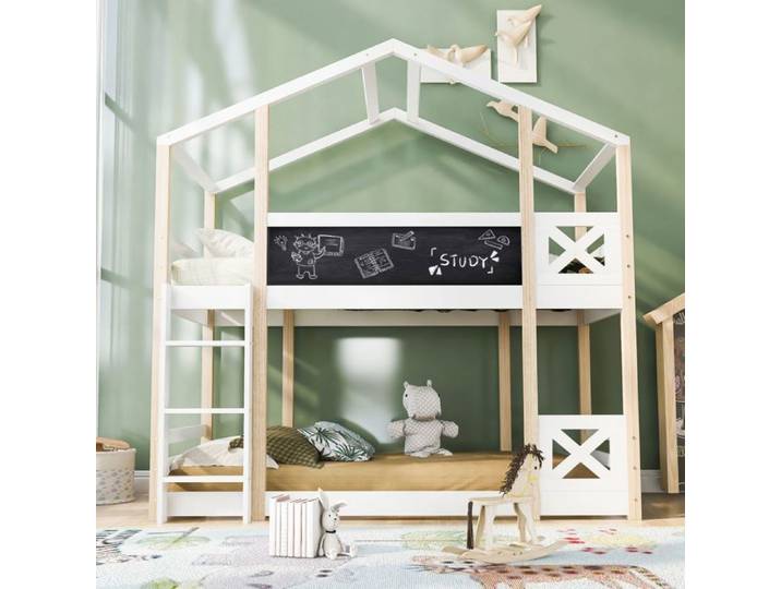 Lit Mezzanine Cabane Enfant-Échelle Sécurisée-Sommiers Lattes Robustes-90x200cm Naturel Blanc-Chambre Aventure sans Matelas