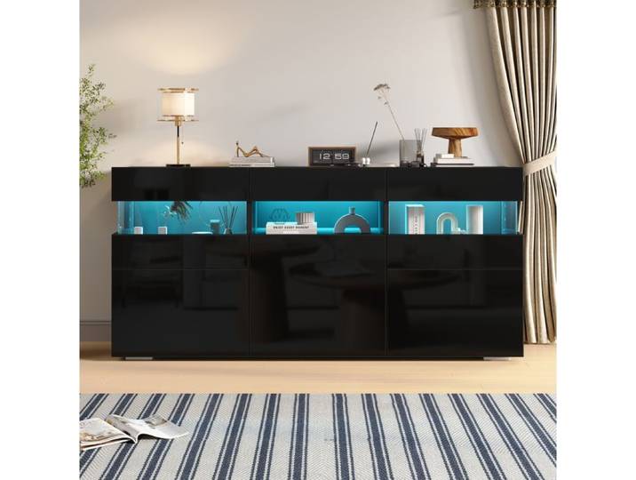 ULEVR Buffet bas de salon noir brillant 140 cm 3 portes LED acrylique transparent 7 rangements