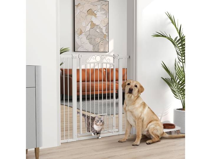 PawHut Barrière Réglable Chiens avec Porte Chats, 76-104x106 cm Blanc