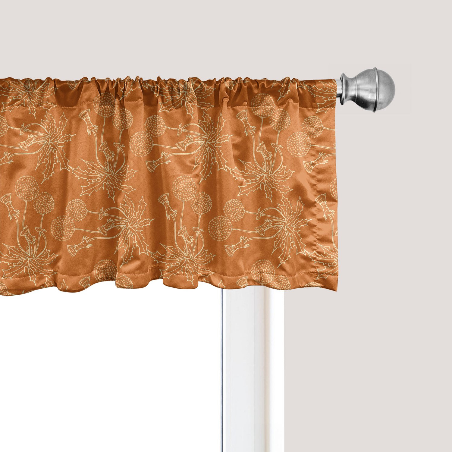 ABAKUHAUS Gordijnvalletjes Set van 2, Gebrand Oranje met Dandelions en Wilde Bloemen Silhouetten, 137 x 30 cm, Oranje Wit