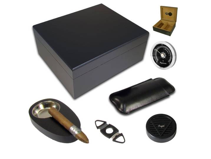 Coumo Humidor Edles Schwarzes Geschenk Set, Für ca. 50 Zigarren, Schneider, Etui